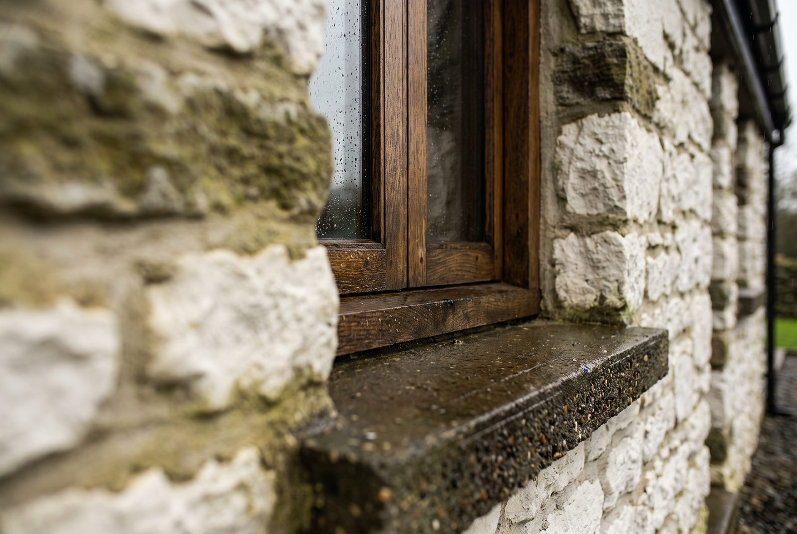 Dark oak window frame set into a whitewashed stone wall — detail of Irish craftsmanship