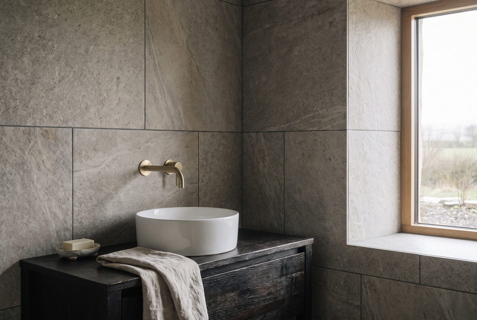 Newly tiled bathroom with natural stone-effect tiles, dark timber vanity and brushed brass tap